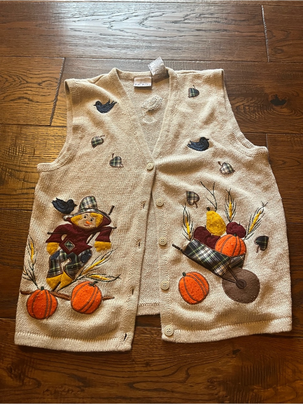 VTG 90s Bobbie Brooks Fall Harvest Sweater Vest S Scarecrow Grannycore Beige